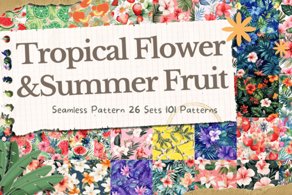 Download Tropical Flower, Summer Fruit Patterns Bundle - Flower Collection