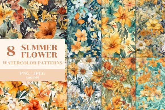 Download 8 Watercolor Summer Flower Patterns - Flower Collection